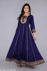 Blue gold printed Anarkali long kurta with dori tassel works, rayon fabric, three-quarter sleeves
